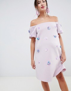 Свободное платье с отделкой 3D, широким вырезом и пышными рукавами ASOS DESIGN Maternity-Фиолетовый