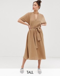 Платье миди с поясом и широкими рукавами Glamorous Tall-Бежевый