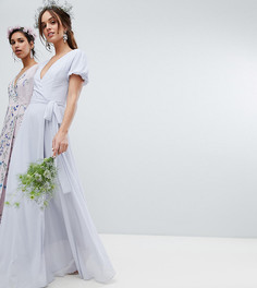 Платье макси с запахом, поясом на завязке и пышными рукавами TFNC-Серый