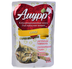 Влажный корм для кошек Амурр, кусочки мяса в соусе со вкусом курицы, 24 шт по 100г