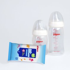 Набор Pigeon: бутылочки для кормления SofTouch Peristaltic Plus и влажные салфетки