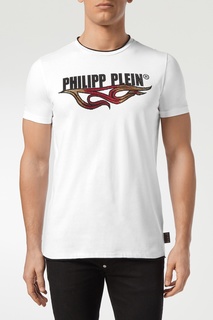 Белая футболка с надписями и стразами Philipp Plein
