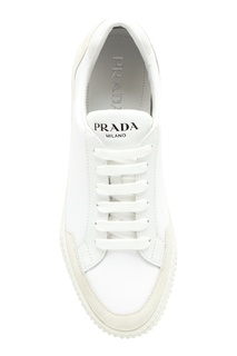Белые кеды из нейлона с кожаными вставками Prada
