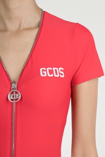 Красное боди с молнией и логотипами Gcds