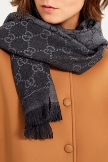 Серый шерстяной шарф с монограммами Gucci