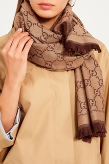 Коричневый шерстяной шарф с монограммами Gucci