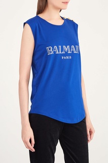 Синий топ с логотипом Balmain