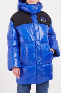 Синее стеганое пальто с логотипом Miu Miu