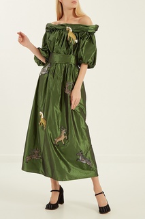 Длинное зеленое платье с нашивками Alena Akhmadullina