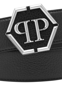 Черный ремень с серебристой пряжкой Philipp Plein