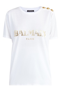 Белая футболка с золотистым логотипом Balmain