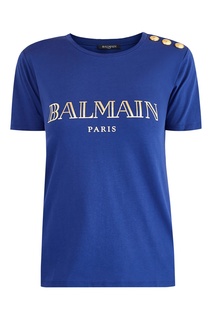 Синяя футболка с логотипом и пуговицам Balmain