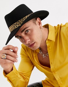 Черная широкополая шляпа с леопардовым принтом на ленте ASOS DESIGN-Черный