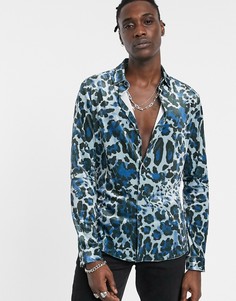Приталенная бархатная рубашка с леопардовым принтом ASOS DESIGN-Синий