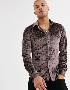 Эластичная бежевая рубашка из мятого бархата ASOS DESIGN-Серый