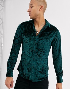 Темно-зеленая эластичная рубашка из мятого бархата ASOS DESIGN-Зеленый