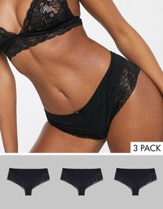 Набор из 3 бразильских трусов из хлопка и кружева ASOS DESIGN-Черный