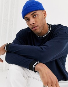 Темно-синий oversize-лонгслив из пике с контрастной отделкой ASOS DESIGN