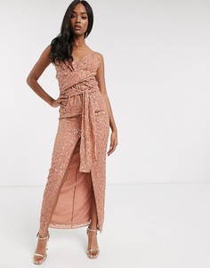 Платье макси на бретелях с пайетками и запахом ASOS DESIGN-Коричневый