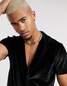 Черная велюровая футболка-поло с отложным воротником ASOS DESIGN-Черный