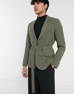 Приталенный пиджак цвета хаки с поясом ASOS DESIGN-Зеленый