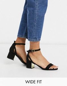 Черные босоножки из искусственной замши на низком металлическом каблуке New Look Wide Fit-Черный