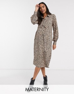Бежевое платье-рубашка миди с присборенной талией New Look Maternity-Коричневый