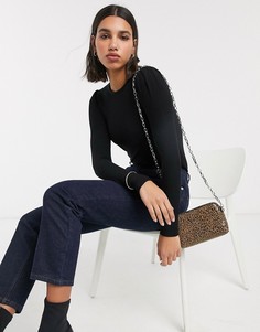 Черный топ в рубчик с объемными рукавами Stradivarius