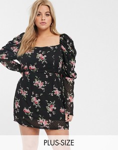 Платье мини с цветочным принтом и пышными рукавами In The Style x Fashion Influx Plus-Мульти