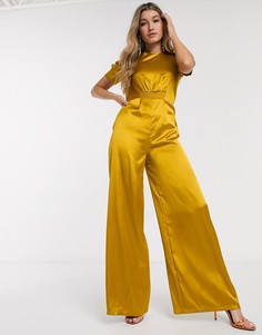 Атласный чайный комбинезон со сборками ASOS DESIGN-Желтый