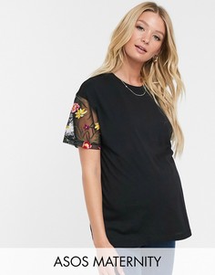Двухслойная футболка с вышивкой на рукаве ASOS DESIGN Maternity nursing-Черный