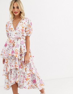 Ярусное платье миди с цветочной вышивкой Talulah-Белый