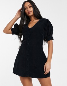 Черное вельветовое платье мини с пышными рукавами и глубоким вырезом ASOS DESIGN-Черный