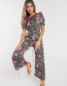 Атласный чайный комбинезон со сборками и цветочным принтом ASOS DESIGN-Мульти