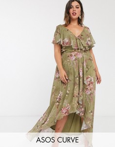 Платье макси с цветочным принтом и асимметричным краем ASOS DESIGN Curve-Мульти