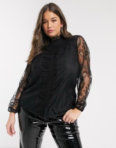 Черная блузка с оборками и кружевной отделкой River Island Plus-Черный