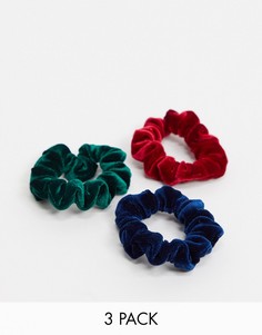 Набор из 3 узких бархатных резинок для волос зеленого, синего и красного цвета ASOS DESIGN-Мульти