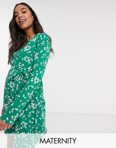 Зеленое платье миди с поясом и цветочным принтом New Look Maternity-Зеленый