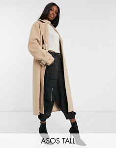 Пальто с контрастными строчками и пряжками ASOS DESIGN Tall-Бежевый