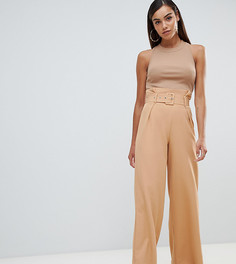 Брюки с завышенной талией и поясом Missguided-Бежевый