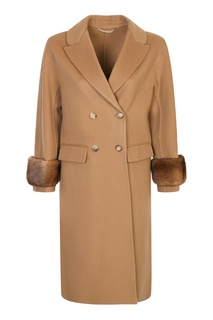 Песочное двубортное пальто с мехом Ermanno Scervino