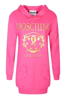 Розовое платье из хлопка с принтом и капюшоном Moschino