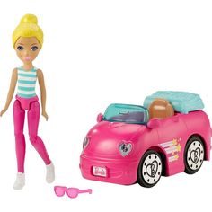 Игровой набор Barbie В движении Автомобиль и блондинка в бело-голубом топе 11 см