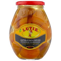 Консервированные абрикосы Lutik очищенные половинкам в сиропе, стеклянная банка 580 мл Лютик