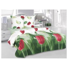 Постельное белье 2-спальное с евро простыней ТЕТ-А-ТЕТ Тюльпаны, бязь зеленый/белый/красный