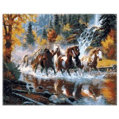 Рыжий кот Картина по номерам "Табун лошадей на реке в лесу" 40х50 см (G2512)