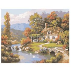 Рыжий кот Картина по номерам "Дом в осеннем лесу и река" 40х50 см (AWD068)