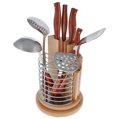 Набор MAYER & BOCH 5 ножей и кухонные принадлежности с подставкой 23627 коричневый "под дерево" / серебристый