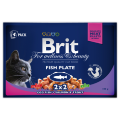 Корм для кошек Brit Premium Fish Plate с треской, с лососем, с форелью 4шт. х 100 г (кусочки в соусе) Brit*