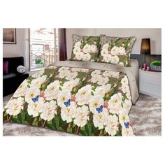Постельное белье евростандарт Текстильная лавка Белые цветы 70 x 70 поплин серый/белый/зеленый